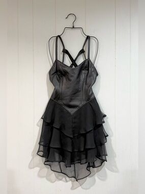 VTG 90s FIRENZE Leather Corset Dress Black Sheer Ruffle Gothic Fairy Y2K Medium